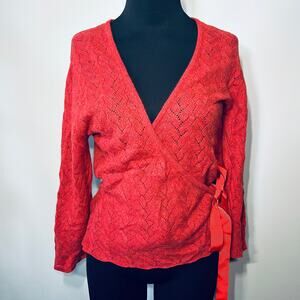 Brora Sweater Cardigan Cashmere Rusty Orange Ribbon Wrap Open Knit Comfy Knit S